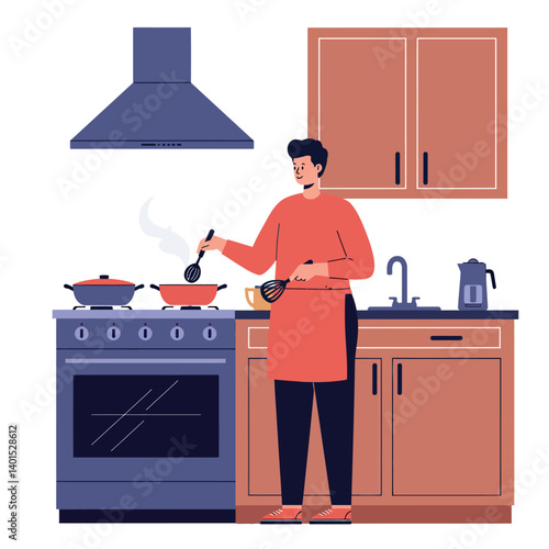 A person cooking in a modern kitchen wearing an apron and stirring a pot over a stove in flat vector art