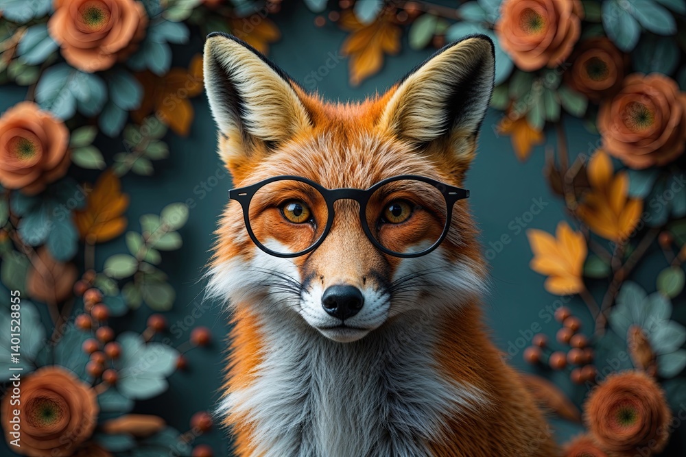 Obraz premium Charming Portrait of a Clever Fox Wearing Glasses Against a Magical Background