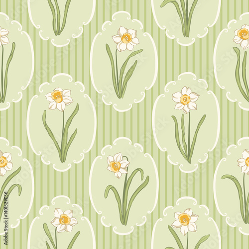 Vintage daffodil medallion vector seamless pattern with scalloped cameo frames and striped background. Delicate spring garden floral print for botanical cottage Easter textiles and fresh country decor