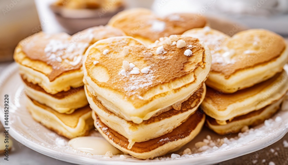 Pancakes heart-shaped arranged in a playful pattern, capturing the happiness of a morning breakfast Pancakes heart-shaped arranged in a playful pattern, capturing the happiness of a morning breakfast