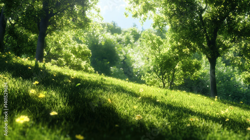 Fototapeta Naklejka Na Ścianę i Meble -  A picturesque sunlit meadow gently slopes downward through a lush green forest with scattered yellow wildflowers illuminating the vibrant landscape.