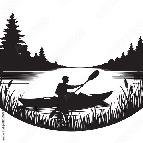 Kayaking adventure silhouette illustration on lake surrounded by forest trees