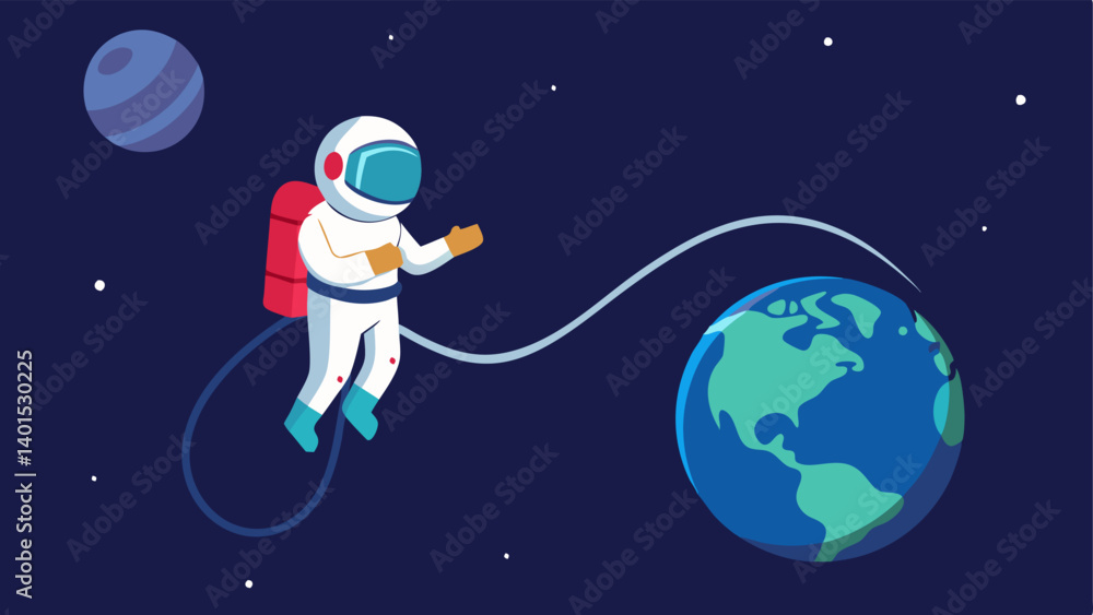 Astronaut in Space An astronaut in a space suit floating in the vacuum of space tethered to a space station with the Earth visible in the distance. Astronaut in Space An astronaut in a space suit floating in the vacuum of space tethered to a space station with the Earth visible in the distance.