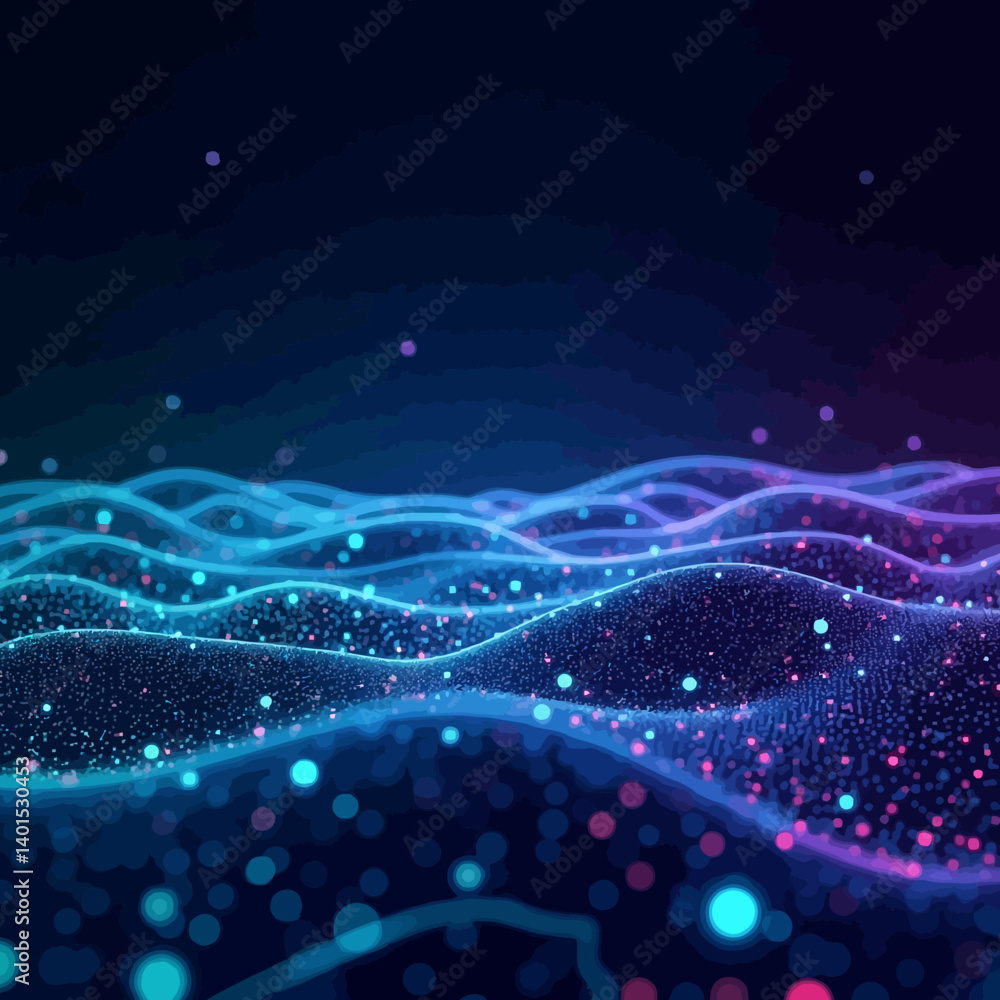 Abstract digital waves made of glowing dots in blue and purple tones, perfect for futuristic tech backgrounds. Abstract digital waves made of glowing dots in blue and purple tones, perfect for futuristic tech backgrounds.