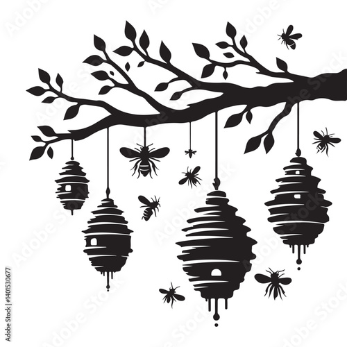 Silhouette bee hive illustration with hanging vector design