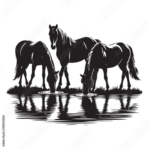Horses drinking water silhouette illustration animals nature wildlife beauty