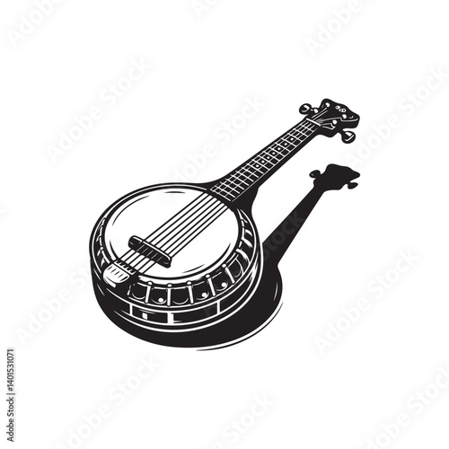Black Color Banjo Silhouette Vector Illustration, Solid White Background
