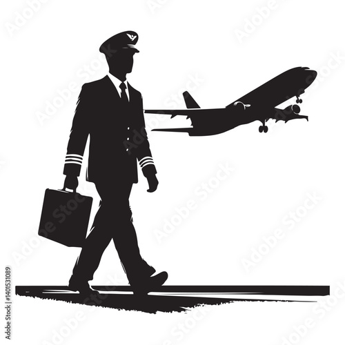 Professional Airplane Pilot Silhouette Image with Airplane Taking Off