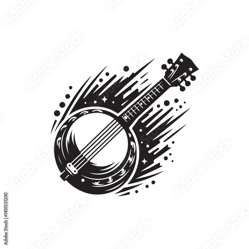 Black Color Banjo Silhouette Vector Illustration, Solid White Background