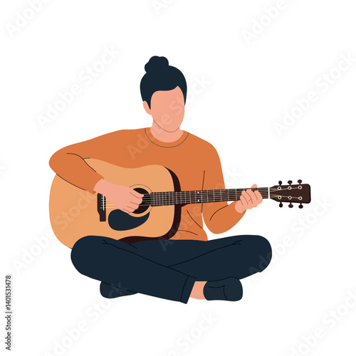 A person seated cross-legged playing an acoustic guitar in a minimal flat design vector illustration