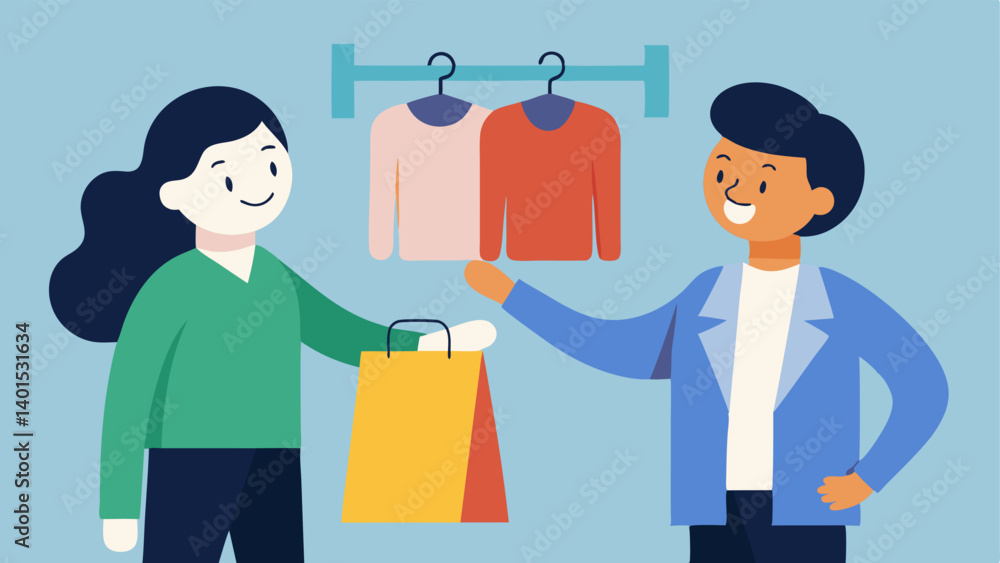 Sales Assistant A cheerful sales assistant helping a customer select a jacket while a prominent sale banner is draped across the wall. Sales Assistant A cheerful sales assistant helping a customer select a jacket while a prominent sale banner is draped across the wall.