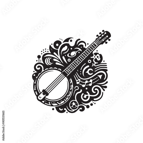 Black Color Banjo Silhouette Vector Illustration, Solid White Background