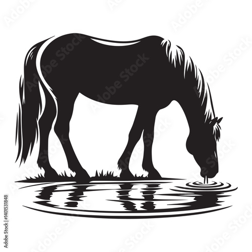 Horse Drinking Water Silhouette Illustration at River Design Vector