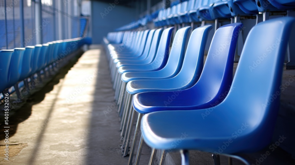 Fototapeta premium Bright afternoon at a sports arena with empty blue spectator chairs.