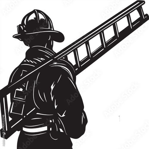 Silhouette of a firefighter with a ladder slung over shoulder