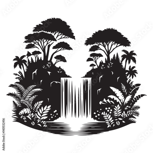 Silhouette Tropical Waterfall Vector Illustration Landscape Design Template