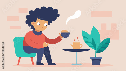 Surprised Coffee Drinker A character with tousled hair sitting at a small round table in a cozy coffee shop. Their eyes are wide and mouth slightly agape in shock as they look down