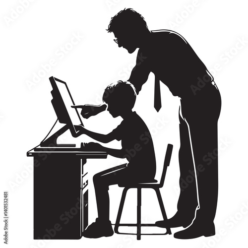 Silhouette Teacher Assisting Student Vector Illustration for Education System