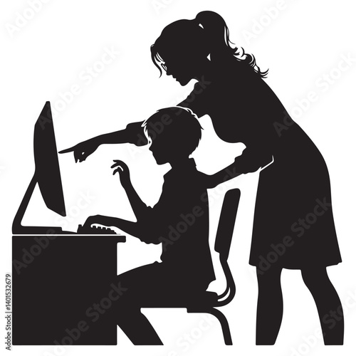 Silhouette of mentor guiding student on computer learning process