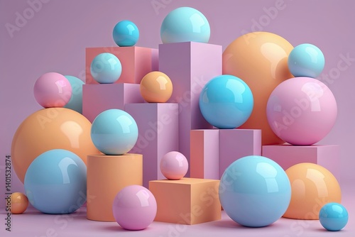 Pastel Geometric Shapes: Three-Dimensional Abstract Background with Colorful Spheres