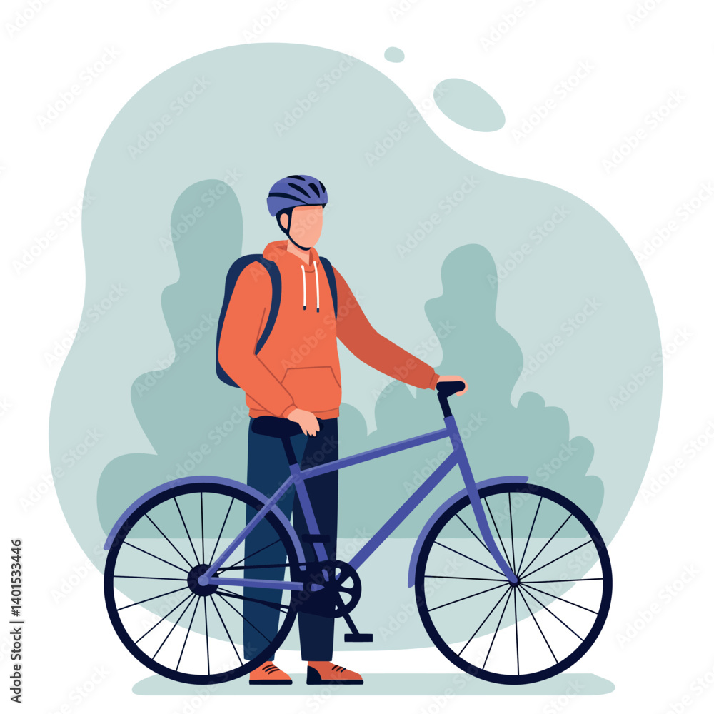 Fototapeta premium Young man wearing a helmet standing beside his blue bicycle in a flat, minimal style vector illustration depicting an outdoor setting