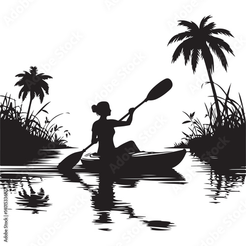 Kayaking Silhouette in Tropical Waterways Adventure Illustration Vector Art