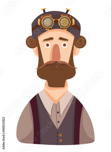 Steampunk man. Flat vector, clipart illustration isolated on white background.