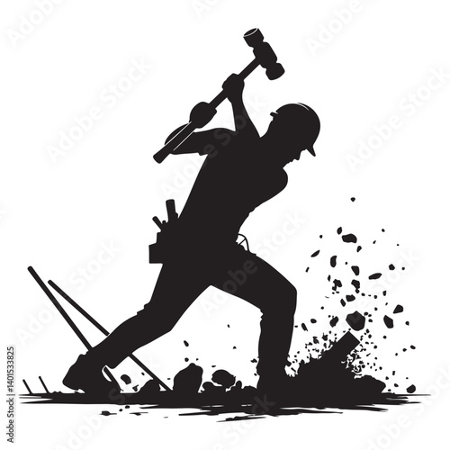 Construction Worker Silhouette Destroying Concrete with Sledgehammer Vector Graphic