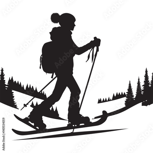 Silhouette of a cross country skier in snowy forest