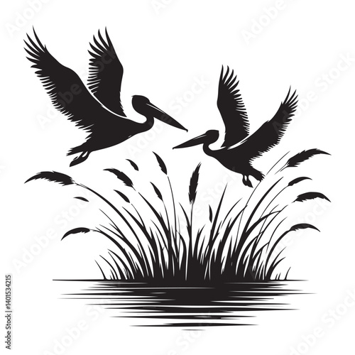 Pelicans Flying Silhouette Illustration Above Marsh Land Wildlife Conservation