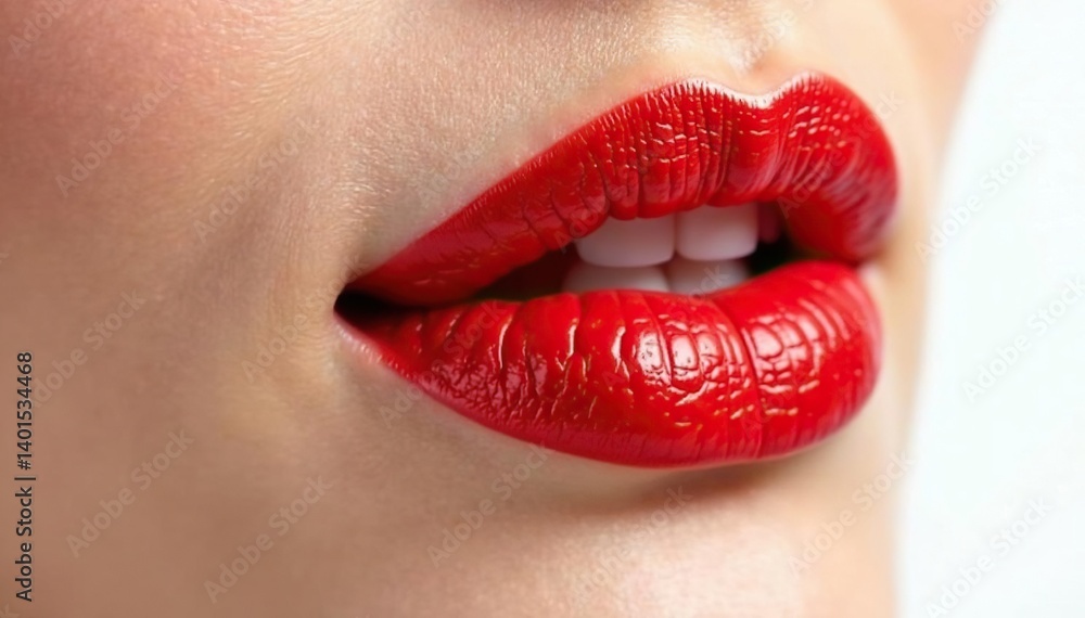 Close-up vibrant red lipstick, pristine white backdrop, alluring, lipstick, smooth Close-up vibrant red lipstick, pristine white backdrop, alluring, lipstick, smooth