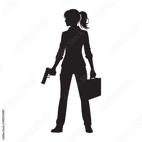 Female Agent with Gun Silhouette Vector Graphic Illustration Design