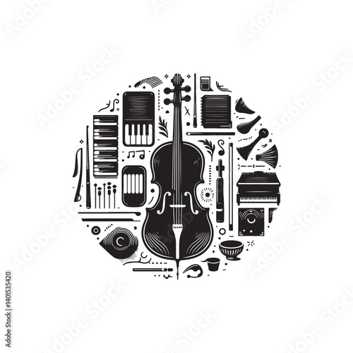 Black Color Cello Silhouette Vector Illustration, Solid White Background
