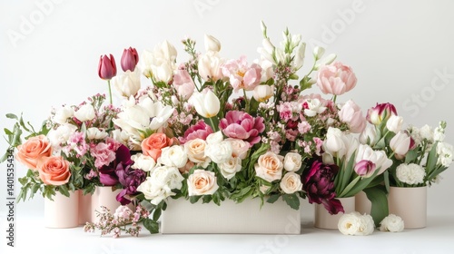 Colorful Floral Arrangement Featuring Various Flowers in Elegant Containers Set Against a Neutral Background in a Bright, Well-Lit Space
