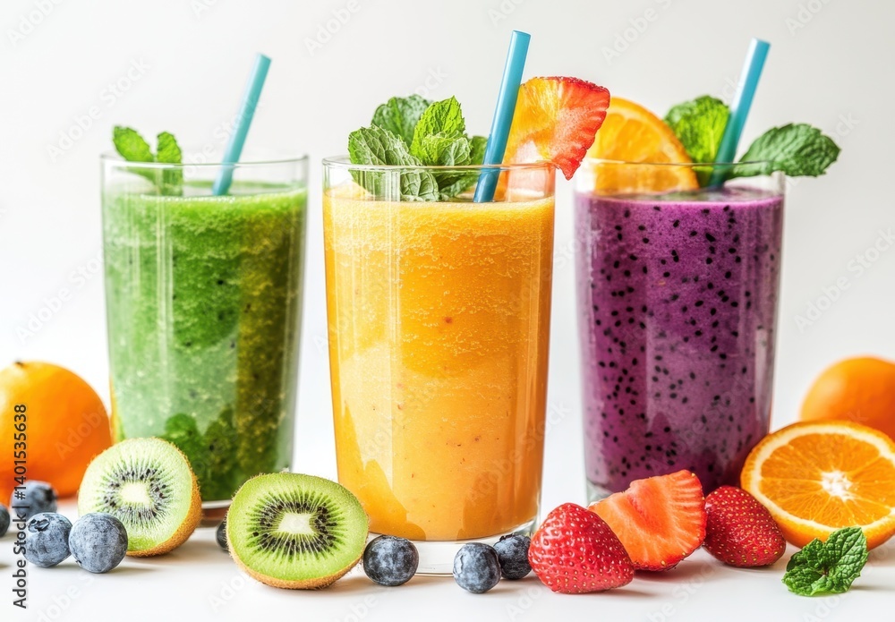 Fototapeta premium Vibrant fruit smoothies in glasses, surrounded by fresh berries, kiwi, and orange slices. A colorful and healthy refreshment display