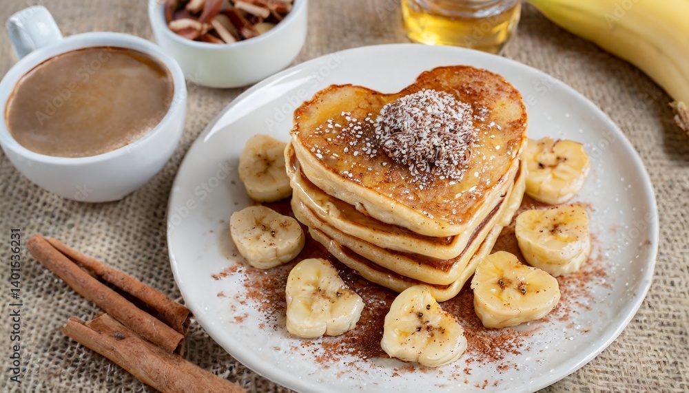 Pancakes heart-shaped arranged in a playful pattern, capturing the happiness of a morning breakfast Pancakes heart-shaped arranged in a playful pattern, capturing the happiness of a morning breakfast