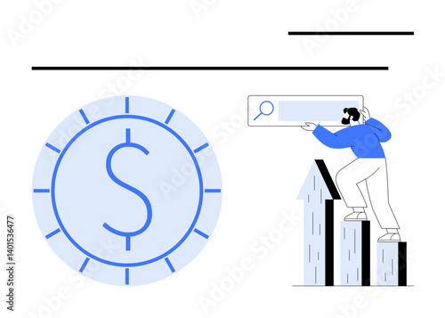 Large coin symbolizing money, person climbing upward steps, holding a search bar. Ideal for finance, investment, business growth, search optimization, digital economy strategy progress. Flat simple