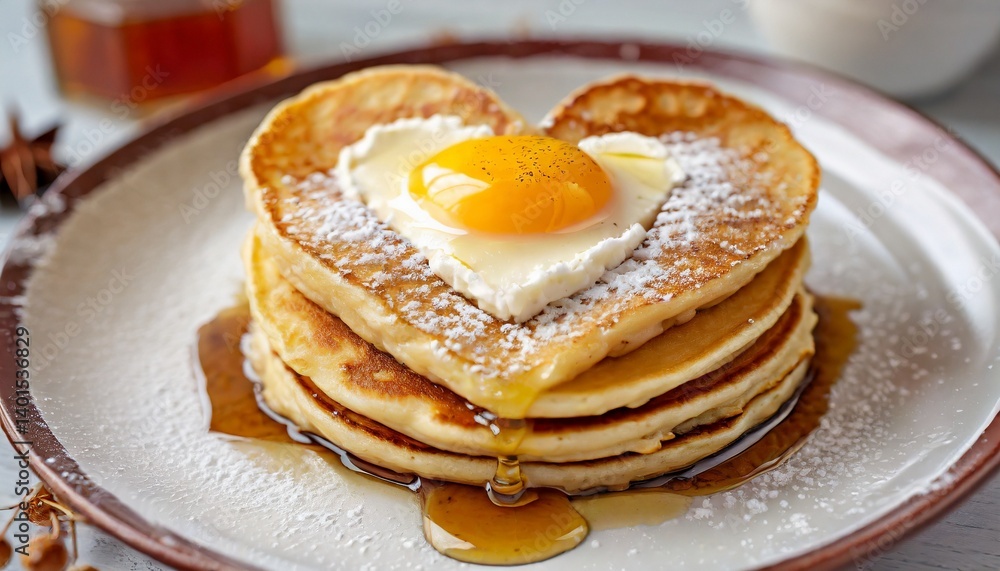 Pancakes heart-shaped arranged in a playful pattern, capturing the happiness of a morning breakfast Pancakes heart-shaped arranged in a playful pattern, capturing the happiness of a morning breakfast