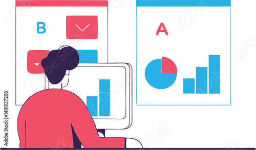 Character Comparing A/B Test Results in a Marketing Platform on Screen Illustrator Artwork
