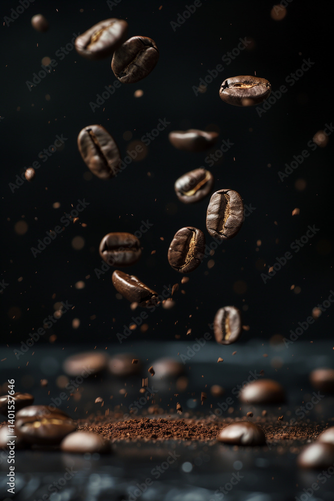 Coffee beans falling mid-air with dark background. A creative and artistic representation of coffee bean Coffee beans falling mid-air with dark background. A creative and artistic representation of coffee bean