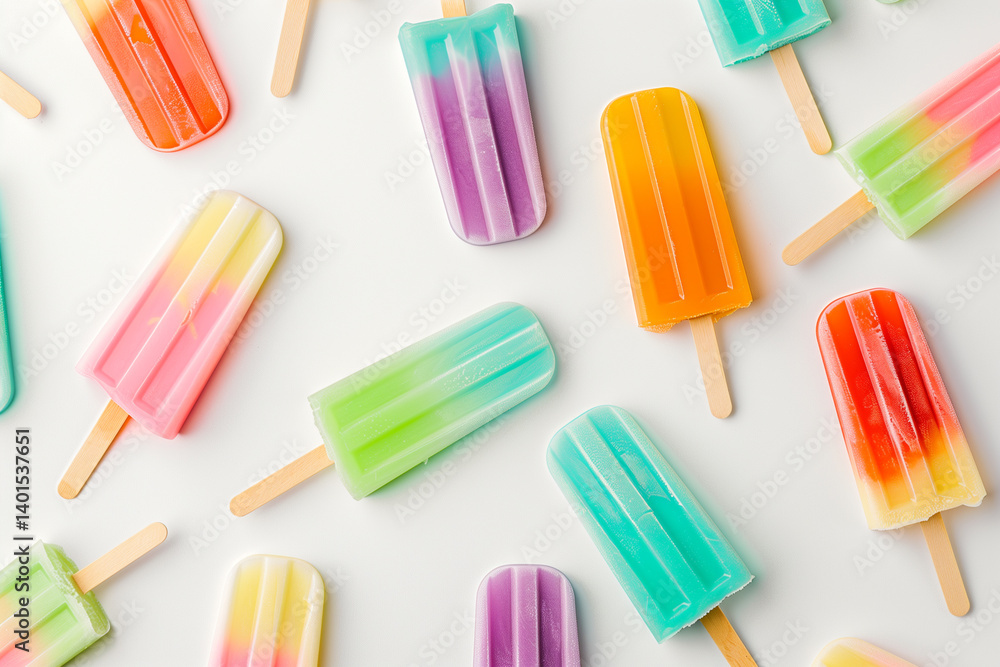A vibrant collection of colorful ice pops on a summer day. A perfect visual for any summer season A vibrant collection of colorful ice pops on a summer day. A perfect visual for any summer season
