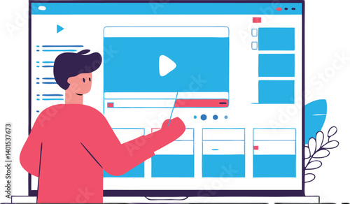 Video Editor Character Working on Multi-Layer Timeline with Tools on Large Screen