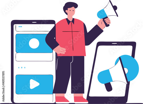 Character Launching a New Campaign Across Multiple Ad Channels in Isometric Style


