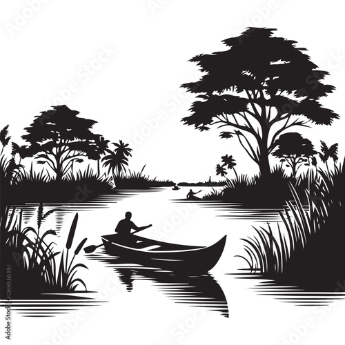 Serene River Silhouette Illustration with Canoes and Lush Vegetation