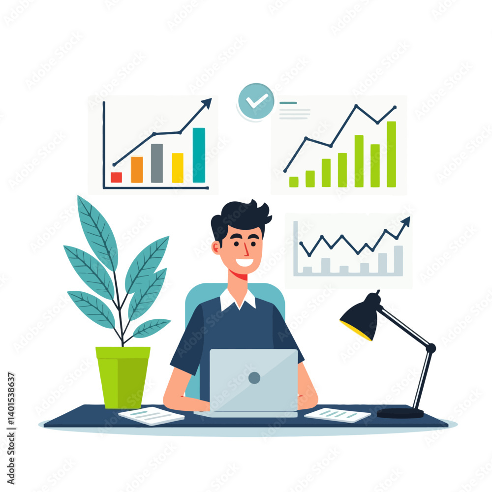 Flat vector illustration of a young man working at a desk with charts and analytics, representing business growth and productivity. Flat vector illustration of a young man working at a desk with charts and analytics, representing business growth and productivity.