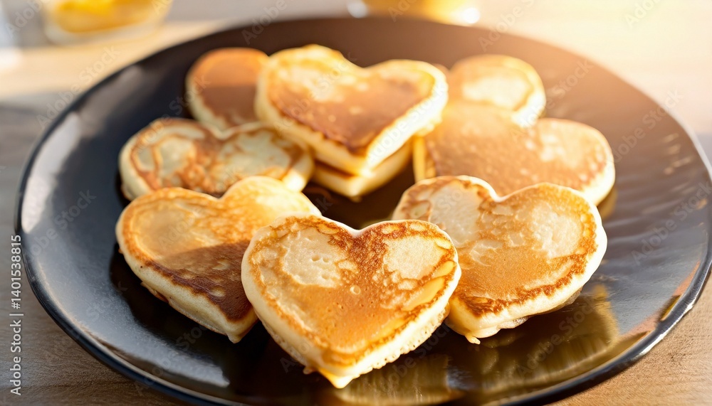 Pancakes heart-shaped arranged in a playful pattern, capturing the happiness of a morning breakfast Pancakes heart-shaped arranged in a playful pattern, capturing the happiness of a morning breakfast