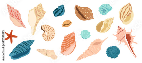 Diverse collection of seashells and a starfish on a white background