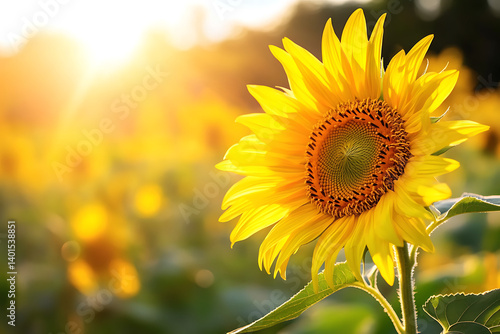 Sunflower in the foreground, sunlit field of other flowers behind, golden sunlight creating a warm and inviting atmosphere.