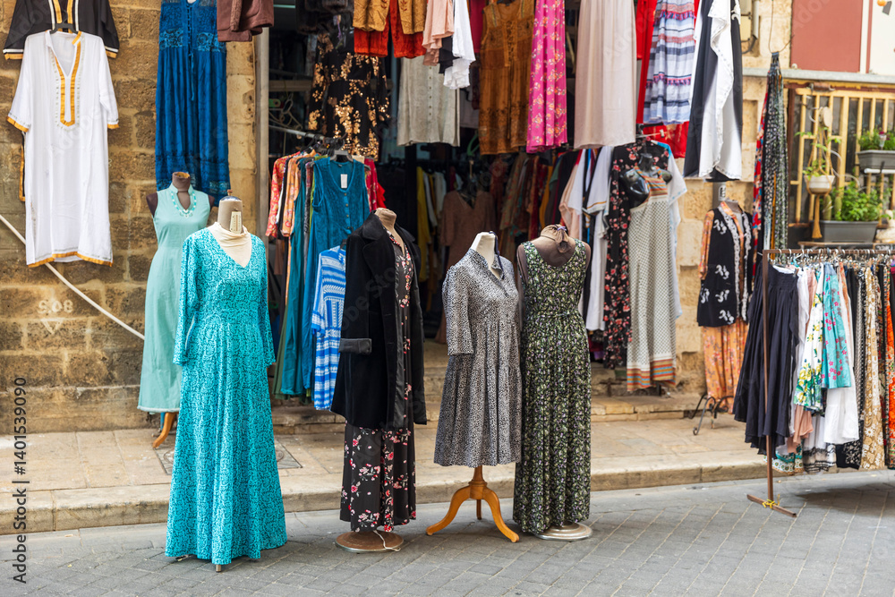 Fototapeta premium Tel Aviv-Jaffa, Israel, 9 April 2025, A colorful display of women's clothing for sale outside a shop in the old Jaffa