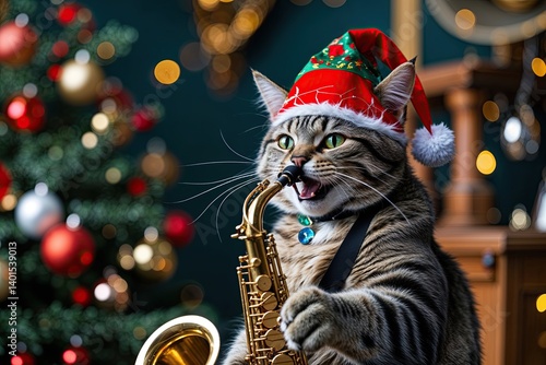 Festive Cat Jamming on Saxophone for Joyous Celebration